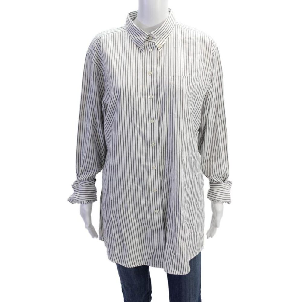 Claridge + King Womens Button Front Long Sleeve Striped Shirt White Gray Large